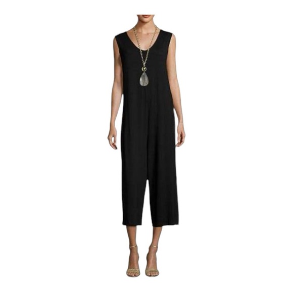 Eileen Fisher Cropped Sleeveless Black Jumpsuit Wide Leg Style Size XS - Picture 1 of 15